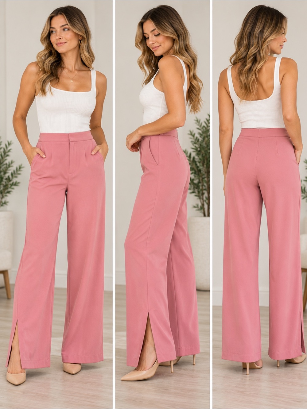 Autres Filles Pink Wide Leg Trousers Pants Size M Ankle Slit Dress Pants NWOT